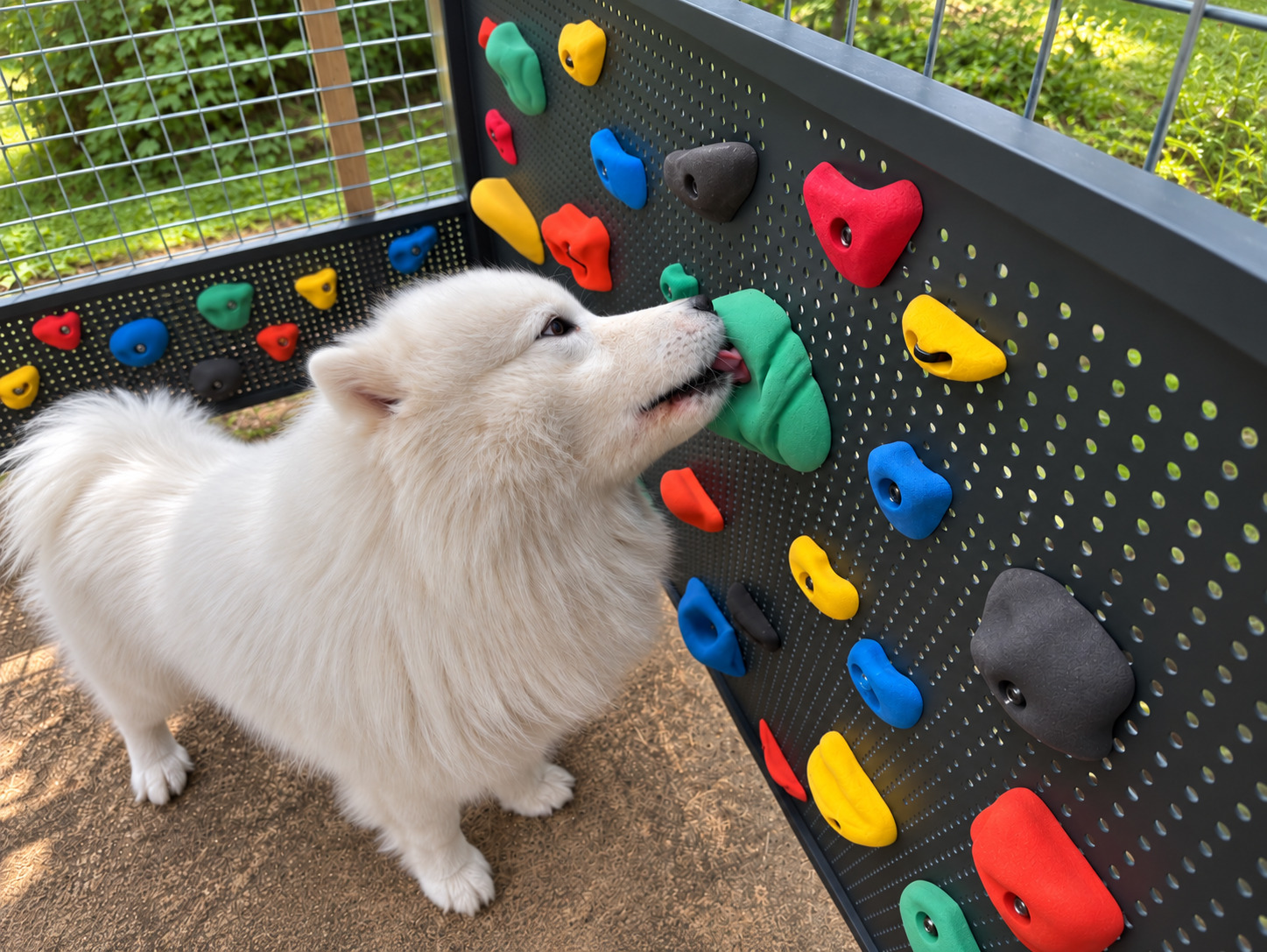 A dog using the scent wall